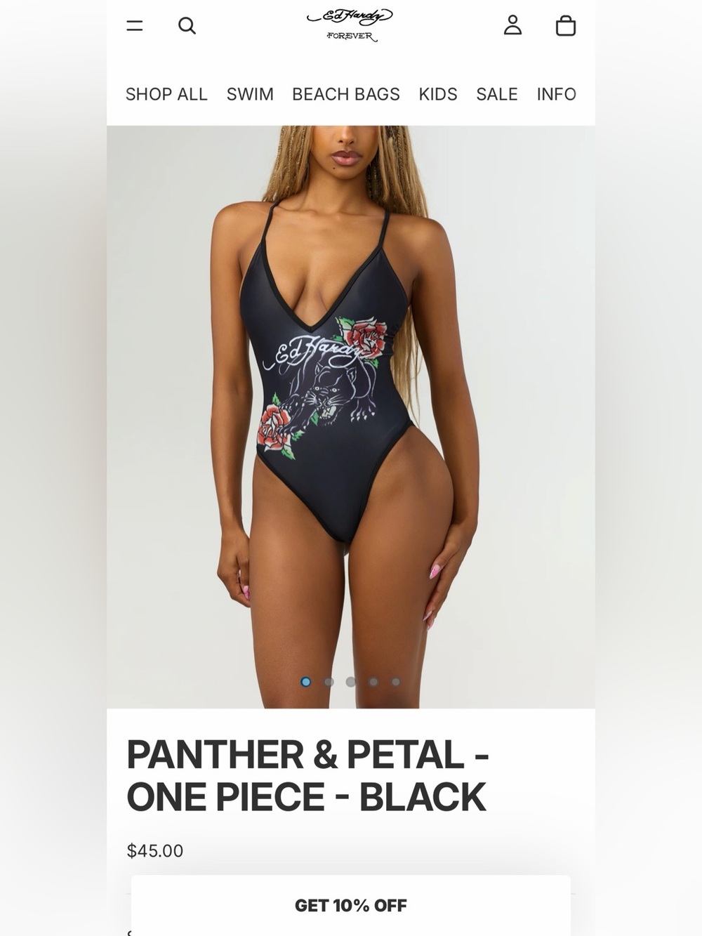 Ed Hardy Black One-Piece Swimsuit with 
Panther & Red Rose Accents